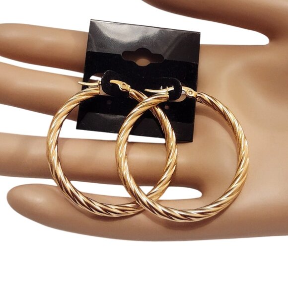 1 1/2" Gold Swirl Line Hoop Pierced Earrings 42mm Stainless Steel - Picture 3 of 3